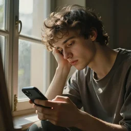 it's morning in the house, by the window. a tired young man with messy hairstyle is texting on her smartphone. sunlight is beautifully lighting the face. depth of field, in the sun, backlit, closeup, oil on canvas, art by botticelli 1 4 9 9, in the style of the birth of venus, smooth, renaissance, florentine painting, 8 k