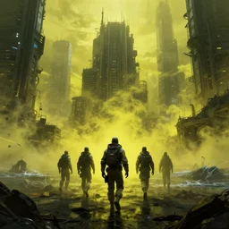 humans with protection suits walking in cyberpunk apocalypse doomsday city with yellow poison poison fog, post nuclear coastline, fantasy concept art, hyper realistic illustration, symetrical complex fine detail, 8 k, sinister, artstation, unreal engine,