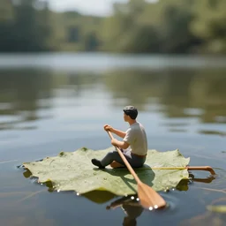 Macro photography, a tiny man sits on a leaf, paddling with oars, on a lake