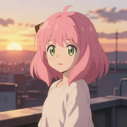 anime art, anime key visual of a cute elegant anime girl with pink hair and big eyes, city rooftop at sunset with clouds, golden hour sunset, background blur bokeh!, beautiful lighting, high quality illustration, studio ghibli