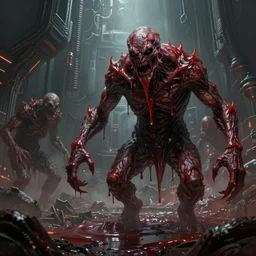 concept art by greg rutkowski, hideous and vicious monsters made of reddish ooze, roaming the colony, looking rabid, in a claustrophobic, futuristic and brutalist environment, frightening and creepy atmosphere, scifi, highly detailed portrait, digital painting, artstation, concept art, smooth, sharp foccus ilustration, artstation hq