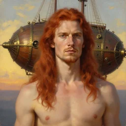 realist portrait painting of a handsome face rugged long hair crimson hair male captain minimalist clothing top half portrait soft hair steampunk wood brass ornate mechanical zeppelin airship in the background sky sunset golden hour fantasy rugged book cover art atmospheric lighting art by mullins rutkowski bussiere