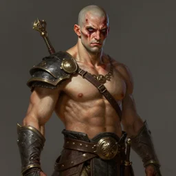 unattractive, bald and unsympathetic Human_fighter!, He has 6 scares on his face, and a bloodthirsty look in his eyes. full_body!!, dungeons and dragons portrait, highly detailed, digital painting, artstation, concept art, sharp focus, illustration, art by Leonardo da Vinci and Michelangelo and Botticelli