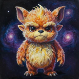 the elder furby ruling over the galaxy. this gouache painting by the award - winning mangaka has dramatic lighting, an interesting color scheme and intricate details.