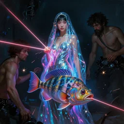 awe-inspiring award-winning concept art painting of attractive asian female anglerfish in neon shrouds as the goddess of lasers, sparks, by Michael Whelan, William Adolphe Bouguereau, John Williams Waterhouse, and Donato Giancola, cyberpunk, extremely moody lighting, glowing light and shadow, atmospheric, shadowy, cinematic, 8K,