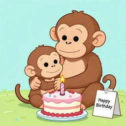an older monkey hugging his younger sister, birthday, cake, cartoon, birthday card
