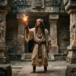 A concept art of a mayan shaman casting a spell inside a mayan temple. realistic