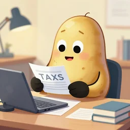 a cartoon of a potato doing taxes in the study, high quality, professional illustration, trending on artstation