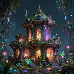 a fancy alien house abandoned on enchanted biome, luminescent, neon, unreal render, unreal engine 5, octane render, enchanted plants, cinematic, intricate, ornate, photorealistic, ultra detailed, realistic, 1 0 0 mm, photography, octane, high definition, depth of field, bokeh, 8 k, behance, trending on artstation
