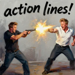 gordon ramsay shooting guy fieri, shooting, muzzle flash, enraged, painting by phil hale, 'action lines'!!!, graphic style, visible brushstrokes, motion blur, blurry