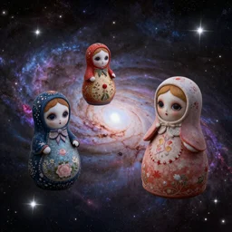 Russian Dolls amongst the stars, galaxies and nebulae, digital art style