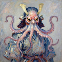 a magical fantastic non human samurai with a octopus mask by jeremy lipkin, by claude monet, made with millions of stroke, japanese inspiration, wonderful details, crazy colors 1 0 %, pale sober colors 9 0 %