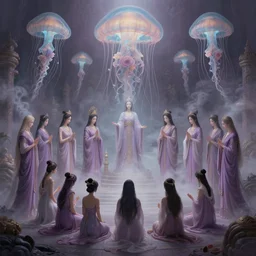 A painting of priestesses worshipping at the jellyfish temple, shrouded in mist, jellyfish god, 8K, illustration, art by yee chong and sydney hanson and rossdraws and Stéphane Roux and artgerm and Makoto Shinkai and Mohiro Kitoh, smoke, cinematic, insanely detailed and intricate, hypermaximalist, elegant, super detailed, award-winning, mauve and cyan, mysterious, ancient, ritual, ethereal, trending in cgsociety, artstation HQ, ornate, elite, haunting, matte painting