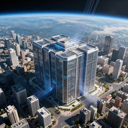 aerial view of a city with a huge super computer in the middle connected to the earth with cables visible from space, artstation, volumetric light, high detail, reflections, perfect, concept art, hdr, 8 k