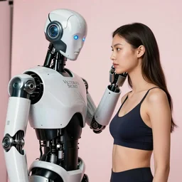 victoria's secret model is standing next to a robot and the robot is touching the model and the robot's head is partially morphed into copy of the model's head, realistic, 4 k