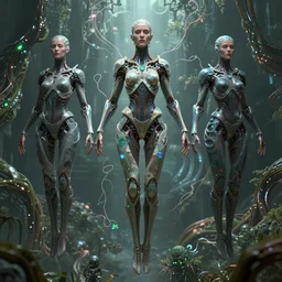 karol bak and tom bagshaw and lecouffe - deharme symmetrical full body character portrait of the borg queen of sentient parasitic flowing ai, floating in a powerful zen state, supermodel, beautiful and ominous, wearing combination of mecha and bodysuit made of wires and fractal ceramic, machinery enveloping nature in the background, artstation scifi character digital concept render