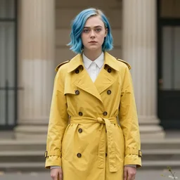 Dakota Fanning with short blue hair wearing a yellow trenchcoat by Dave McKean