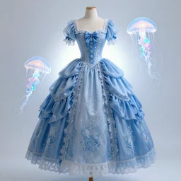 blue dress design in the style of rococo ，Victorian era，jellyfish element，dreamy, soft ,Backlight ,luminescence，in the style of Aetherpunk,highly detailed,8k
