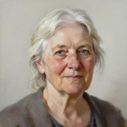 portrait painting of woman from scandinavia, old and wrinkled, white hair, daz, occlusion, smiling and looking directly, brushstrokes, white background, art by enki bilal