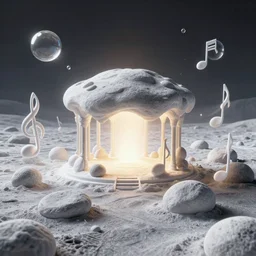 lunar pavilion with floating stones surrounded by stylized musical notes, terraformation, bubbles, radiant lighting, sylvain sarrailh, artstation, ismail inceoglu, liam brazier, petros afshar