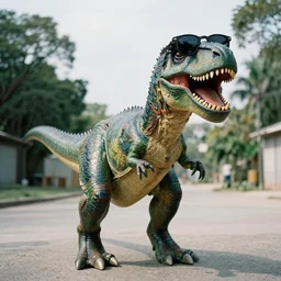 a dancing groovy T-rex with sunglasses and a golden tooth, 35mm photography