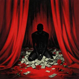 lonely black character, surrounded by red curtains, money and red roses on the ground, a maciej kuciara art deco style, dark enlightenment, sad, dystopian, behind the scene, by rokas aleliunas and zdzisław beksinski, trending on artstation, red and black, storyboard art, ink drawing, smooth, sharp focus, vibrant volumetric dark