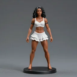 Product Introduction Photos, 4K, Long view, Full body, 80mm resin detailed miniature of a Muscular Black Woman in white and ruffled miniskirt
