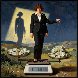 a weighing machine with a businesswoman on the left plate and cash on the right plate. Italian Futurist poster art