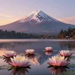professional photo of a snow topped volcano lit by the sunset, lotus flowers on the water, realistic, smooth light
