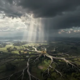 futuristic branching and webbed and bifurcating landscape stretching out across the countryside, beautiful dynamic lighting, cinematic, wide angle establishing shot, extremely high detail, photo realistic, cinematic lighting, post processed, concept art, artstation, matte painting, style by eddie mendoza, raphael lacoste, alex ross, volumetric lighting, light rays, photorealistic, ultrarealistic, moody, coronarender, 8k