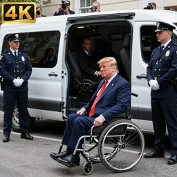 donald trump in a wheelchair next to handicap van, surrounded by secret service agents, photograph, paparazzi, high resolution, 4 k - n 9