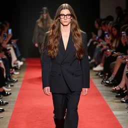a photo of a handsome guy with very long brownish! hair, with nerdy glasses at fashion week show walking in the red carpet, glamour, kodak portra 4 0 0, 8 k, highly detailed, britt marling style
