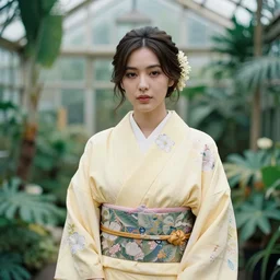 Medium format photograph of an elegant woman that look like Brit Marling wearing a yellow kimono in a tropical greenhouse, bokeh