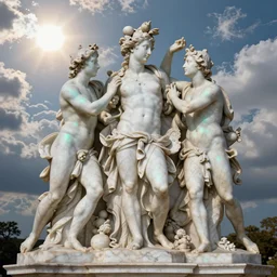 tilt shift, prismatic, italian masterpieces, painted marble sculptures, baroque, beautiful, gracious, pagans, marble, clouds, sun, fruits, bioluminescent skin, ultra detailed