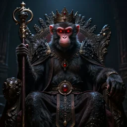 monkey king godly lord of monkeys, wearing a crown, holding a staff, sitting in throne, dark lighting, dim lightning, red eyes, gothic dark style 8 k render high detail