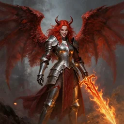 fantasy concept art, winged! red hair woman!! flaming sword!!! ( ( ( plate armor ) ) ) ( ( ( ( devilish smile ) ) ) ), 4 k, painting