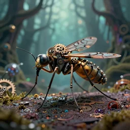 macro photo of an intricate mechanical mosquito, on the background of a weird magical mechanical forest. Round gears visible inside her hear. Very detailed 8k. Fantasy cyberpunk horror. Sharp. Cinematic post-processing