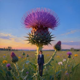 giant thistle flower head, a girl in suit in a field of flowers, surreal photography, sunrise, blue sky, dramatic light, impressionist painting, digital painting, artstation, simon stalenhag