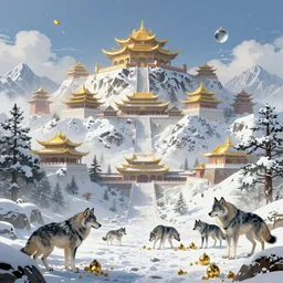 Snow-capped mountains with golden temples on the peaks. wolves and their treasures, cgsociety, fantasy illustration, magic and power of the wolf. ArtStation, unreal engine 5