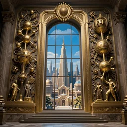 carved futuristic gateway at the end of ancient ornate steps with a large wide window to a city which details the vast architectural scientific and cultural achievements of ancient humankind, complex composition, molecules and machines, renato muccillo, andreas rocha, jorge jacinto, damian kryzwonos, ede laszlo, artstation, digital art, high contrast, cinematic blue and gold