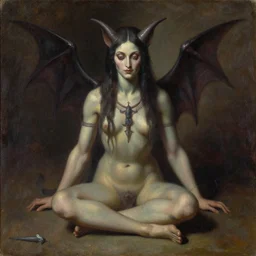 baphomet sitting on the floor, vintage, oil painting