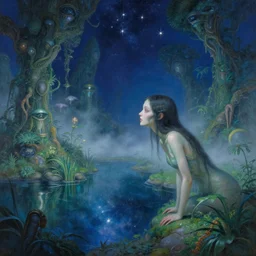 futuristic alien fantasy garden at night, beautiful alien woman looking at the reflection of the stars in the pond, beautiful face, natural pose,, ethereal otherwordly light, mist, futuristic fantasy world, coherent composition, rule of thirds, detailed alien human fantasy painting, yuumei, noriyoshi ohrai, ( ( rolf armstrong ) )