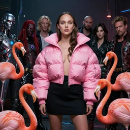 beautiful fantasy character portrait, natalie portman, wearing oversized puffy pink bomber jacket and black skirt, ultra realistic, wide angle, dramatic lighting, flamingoes, very seductive pose, cyberpunk artifacts, highly detailed by peter mohrbacher, hajime sorayama, wayne barlowe, boris vallejo, aaron horkey, gaston bussiere, craig mullins