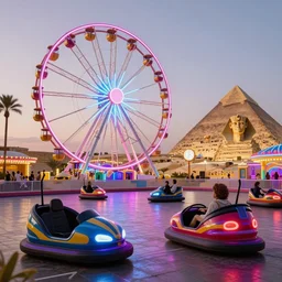 an amusement park in old egypt, ferris wheel, bumper cars, lights, pyramids are in the background, sphynx, digital art, synthwave style, trending on artstation, matte painting