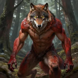 portrait of a beautiful young fit male werewolf with yellow eyes, wolf head, partially male hairy torso, powerful fur covered legs, big claws dripping blood, feral cinemaitc scene, by greg rutkowski and alphonse mucha, d & d character, gradient red to black, in front of a forest background, highly detailed portrait, digital painting, artstation, concept art, smooth, sharp focus illustration, artstation hq