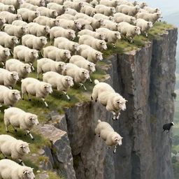 hundreds of white sheep running towards a cliff and falling down to the rocks below and one black sheep going against the crowd
