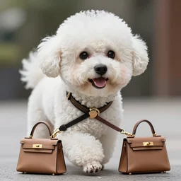 a closeup photorealistic photograph of a cute smiling knitted white bichon dragging a leash with hermes handbag stuck to it. professional capture, well lit shot. this 4 k hd image is trending on artstation, featured on behance, well - rendered, extra crisp, features intricate detail, epic composition and the style of unreal engine.