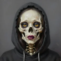 a surrealistic head and shoulder painting of a gorgeous female skeleton with cat eyeballs and lipstick and hoodie, in the style of mark ryden, digital art, detailed masterpiece