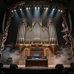 pipe organ stereo system hybrid on a huge rock concert stage, spotlights, footnights, fog, style of michael okuda, vincent di fate, rongier, dramatic lighting, detailed, gothic, ornate, fisheye, bizarre, kafka