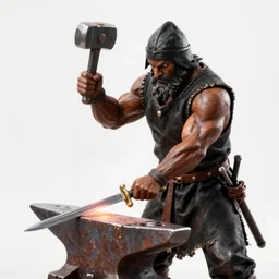 a muscular dwarf blacksmith, wearing blacksmith clothing!!!!, swinging hammer down forging a sword on an iron anvil, cinematic, epic, medieval, renaissance festival, realistic!!!, tabletop miniatures!!!!!!!, product photos!!!!!! by greg rutkowski, craig mullins, archvillain, blizzard, hearthstone, wotc